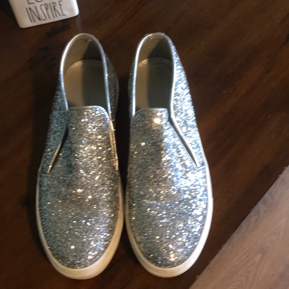 Glittery silver slip on loafers
